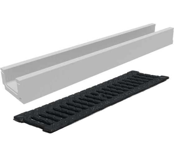 Изображение товара Лоток бетонный Gidrolica DN100 H100 мм с чугунной щелевой решеткой ВЧ и крепежом класс С250 11001506