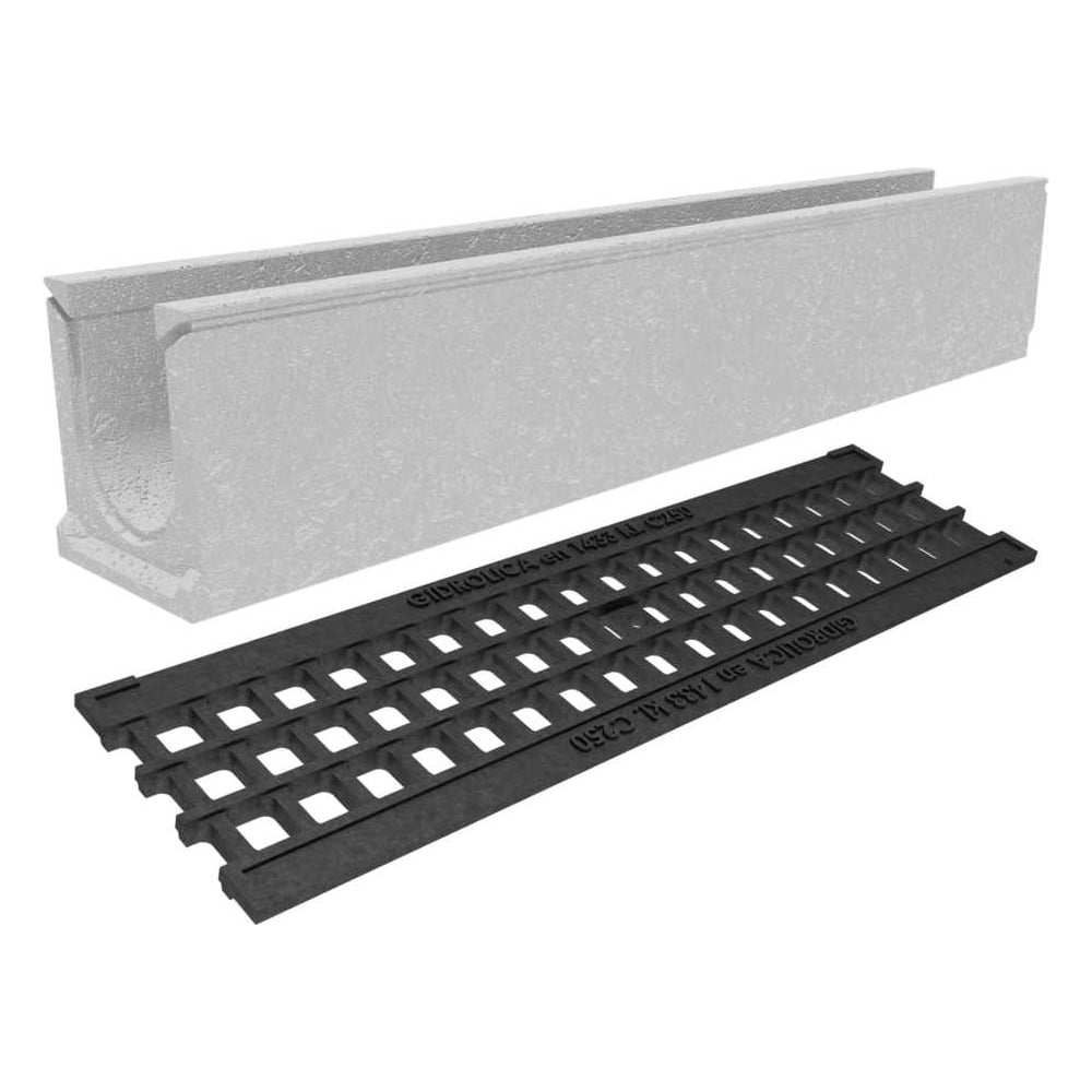 Изображение товара Бетонный лоток Gidrolica DN100 H182 мм с чугунной решеткой и крепежом