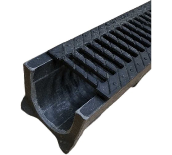 Изображение товара Полимерпесчаный лоток Gidrolica DN100 H125 мм с чугунной щелевой решеткой и крепежом класс С250 705506