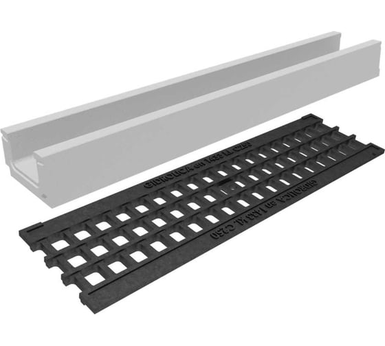 Изображение товара Лоток бетонный Gidrolica DN100 H100 мм с чугунной ячеистой решеткой ВЧ и крепежом класс С250 11001507