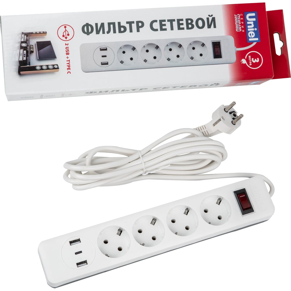 Изображение товара Сетевой фильтр Uniel S-GSR4-3 U2C1 WHITE/GREY с USB портами