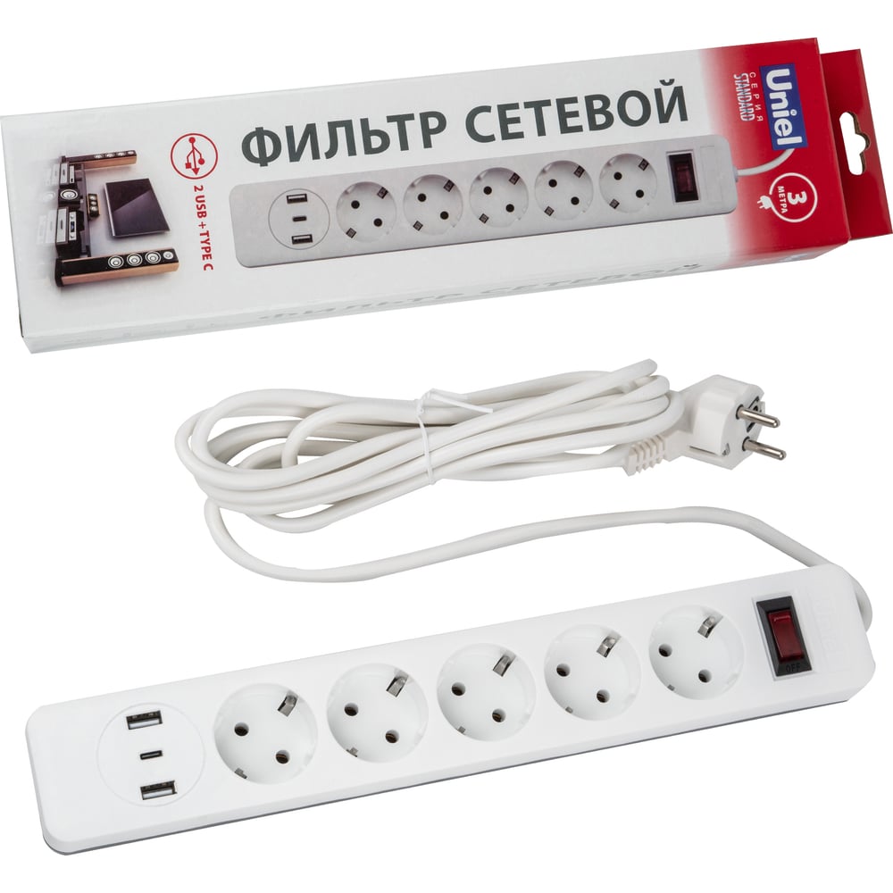 Изображение товара Сетевой фильтр Uniel S-GSR5-3 U2C1 WHITE/GREY с USB и 5 розетками