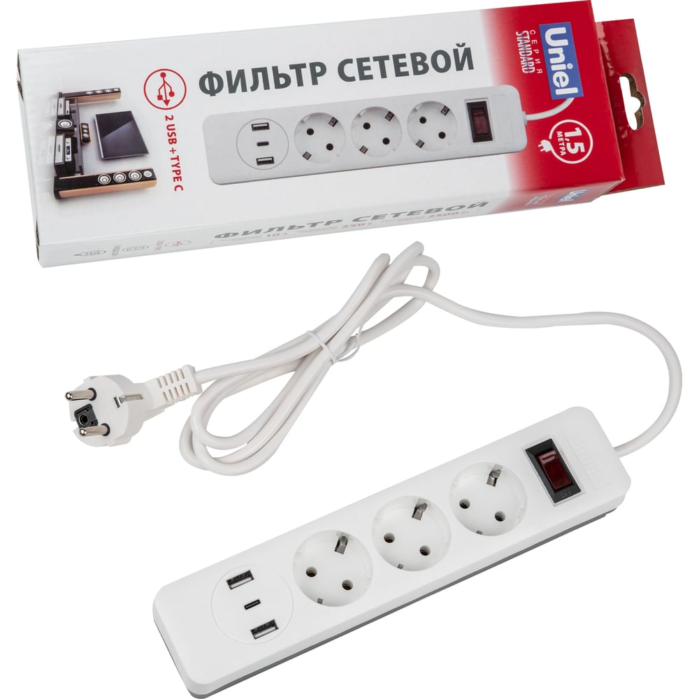Изображение товара Сетевой фильтр Uniel S-GSR3-1,5 U2C1 WHITE/GREY защитит ваши приборы от скачков напряжения