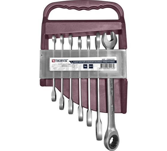 Изображение товара Набор комбинированных трещоточных ключей Thorvik CRWS7PR на держателе, 8-19 мм, 7 пр. 53470