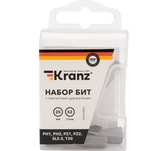 Изображение товара Набор бит с магнитным держателем (7 предметов; PH1, PH2, PZ1, PZ2, SL5.5, T30; сталь S2) KRANZ 7 шт. KR-92-0433