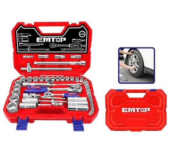 Изображение товара Набор головок emtop 1/4 и 1/2, с трещоткой, 51шт ESKT42511