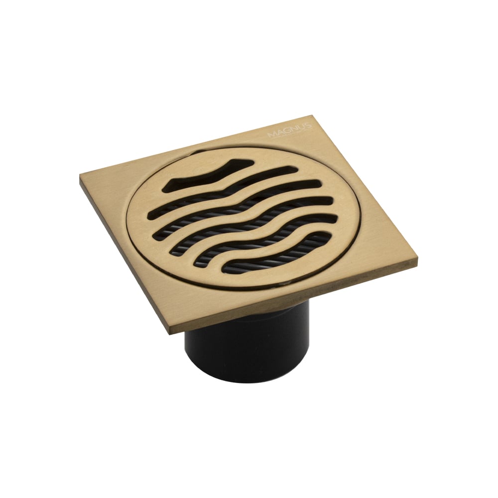 Изображение товара Трап САНАКС MAGNUS золото, 100х100 мм, выход 50 мм, вертикальный, крышка решетка, с сухим затвором слива воды, из нержавеющей стали 201 1164