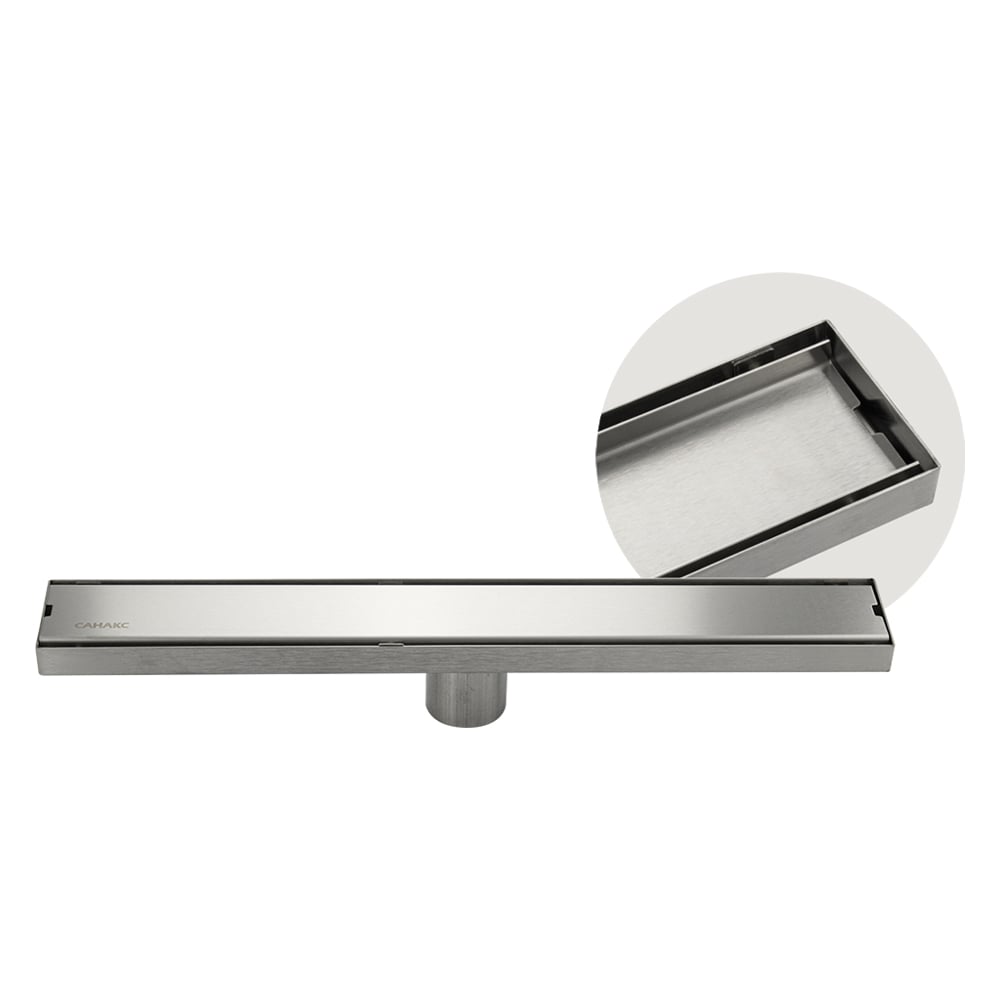 Изображение товара Трап линейный Санакс 500 х 70 мм нержавеющая сталь вертикальный выпуск с гидрозатвором под плитку