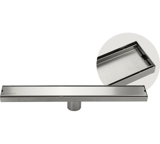 Изображение товара Трап линейный Санакс 500 х 70 мм, нержавеющая сталь, вертикальный выпуск 50 мм, крышка литая, двухсторонняя, с возможностью вставки плитки, с гидрозатвором, цвет САТИН. 30033