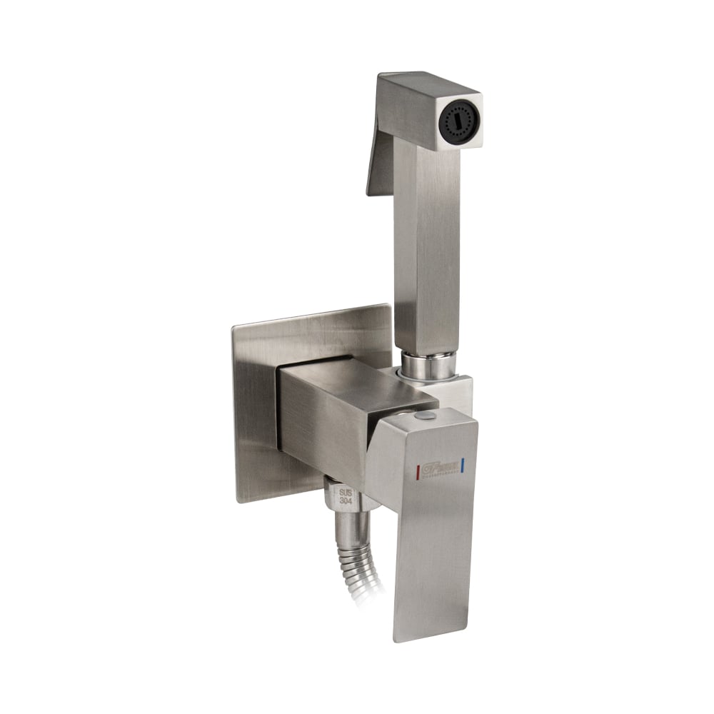 Изображение товара Смеситель с квадратной гигиенической лейкой GFmark встраиваемый, из нержавеющей стали, квадратный корпус, цвет САТИН. 20725