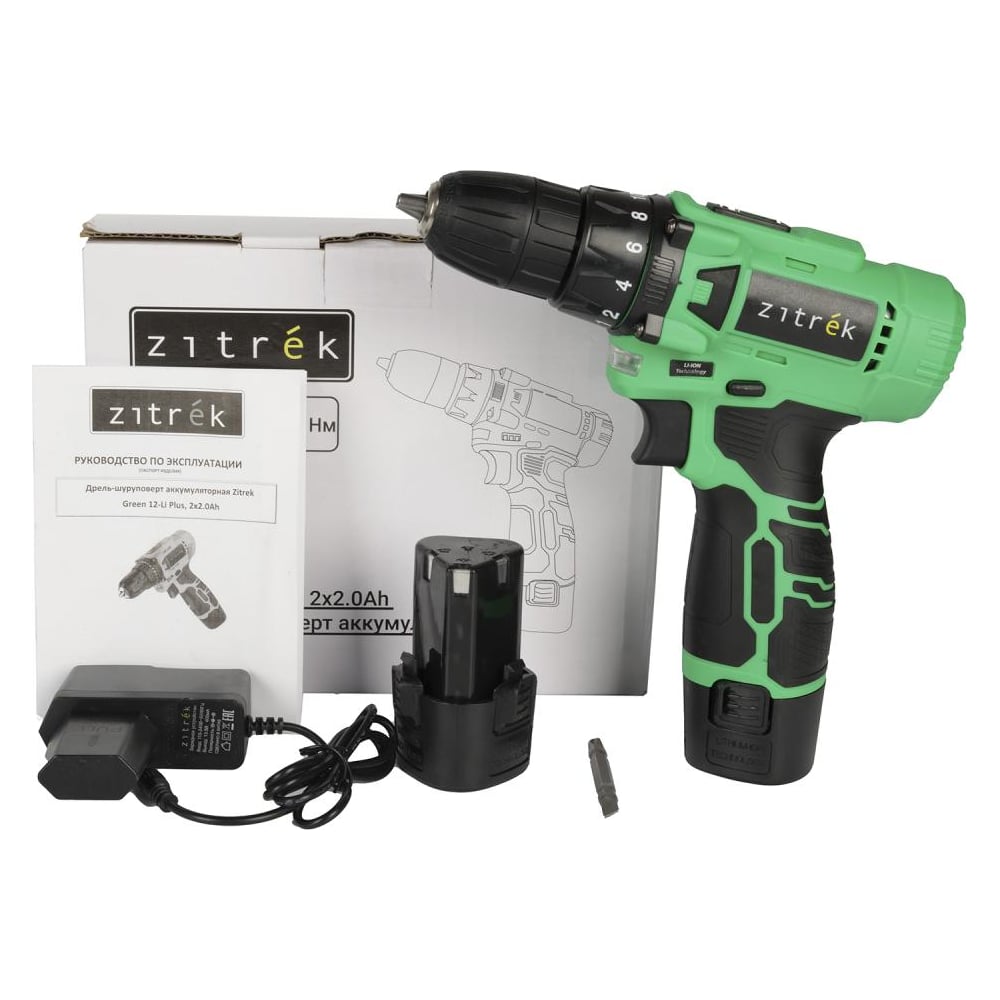 Изображение товара Дрель Zitrek Green 12-Li Plus 12В с двумя аккумуляторами 2x2.0 А·ч, подсветка, реверс