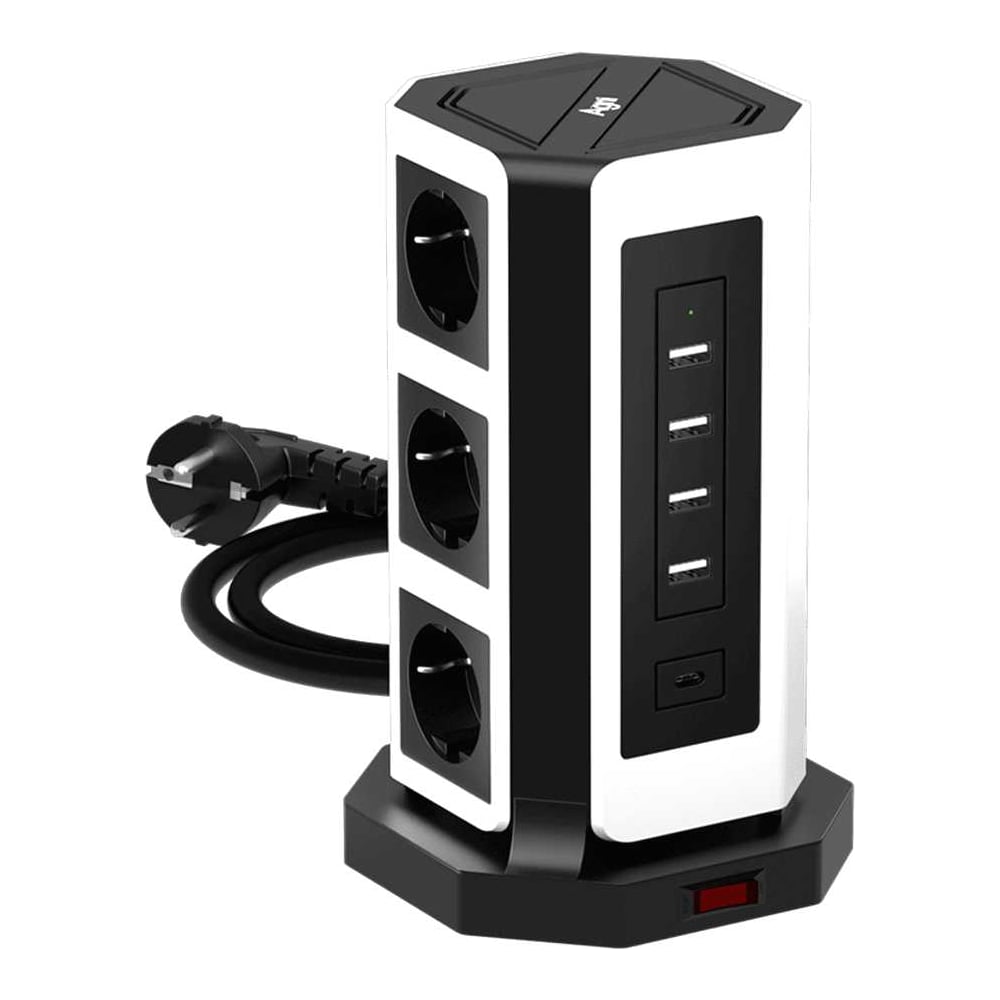 Изображение товара Сетевой фильтр AGNI с 9 розетками и USB портами 3м черный/белый