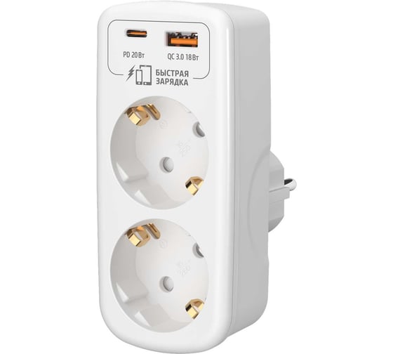 Изображение товара Разветвитель сетевой ФОТОН AM 16-2E-USB/A1C1-QC, 16А, с заземл.,быстрая зарядка,белый 26137