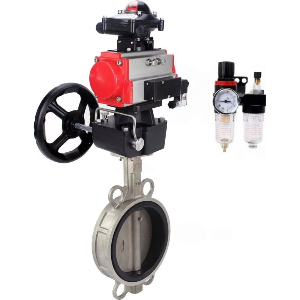 Изображение товара Затвор дисковый 316L-316L-NBR Ду100 Ру16 с пневмопривод и ручным дублером