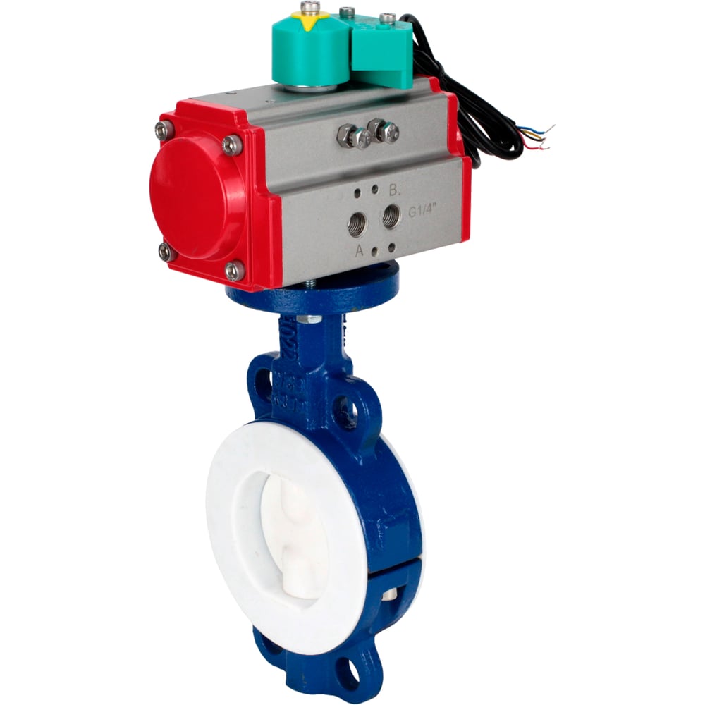 Изображение товара Затвор дисковый DN.ru WCB-WCB-PTFE-PTFE-Fb-H Ду100 Ру16 с пневмоприводом и футеровкой PTFE