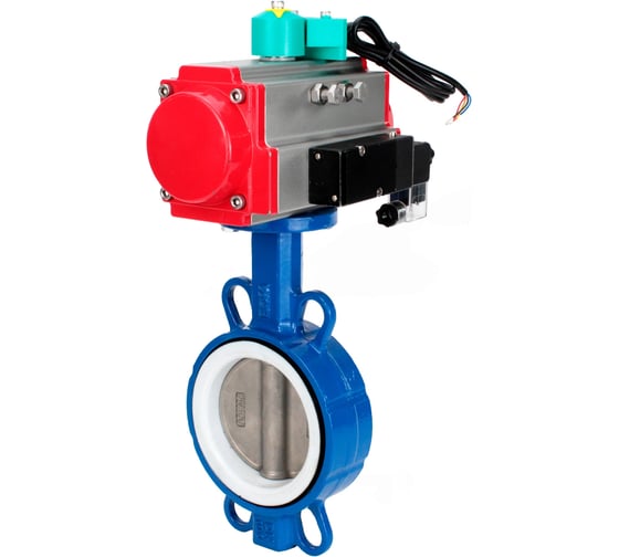 Изображение товара Затвор дисковый DN.ru WCB-316L-PTFE Ду80 Ру16, пневмопривод DA-083, пневмораспределитель 220VAC, магнитный переключатель МППП-200 D050-85110