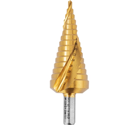 Изображение товара Сверло ступенчатое спиральное Профоснастка HSS-G M2 TIN по стали (4-32 мм, 15 ступеней) хв. 10 мм 30106026