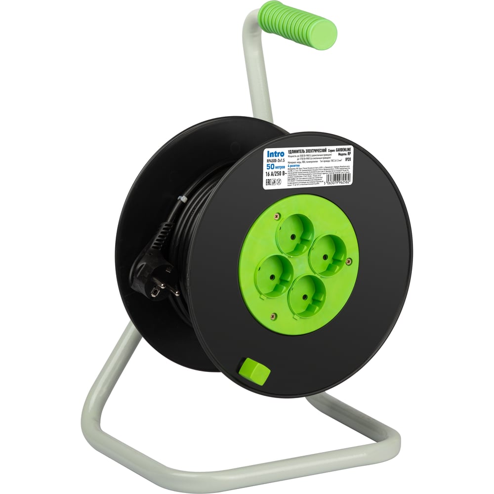 Изображение товара Удлинитель силовой Intro RP4500-2x1.5 на пластиковой катушке без заземления 4 розетки 50м ПВС 2x1.5мм Б0064588
