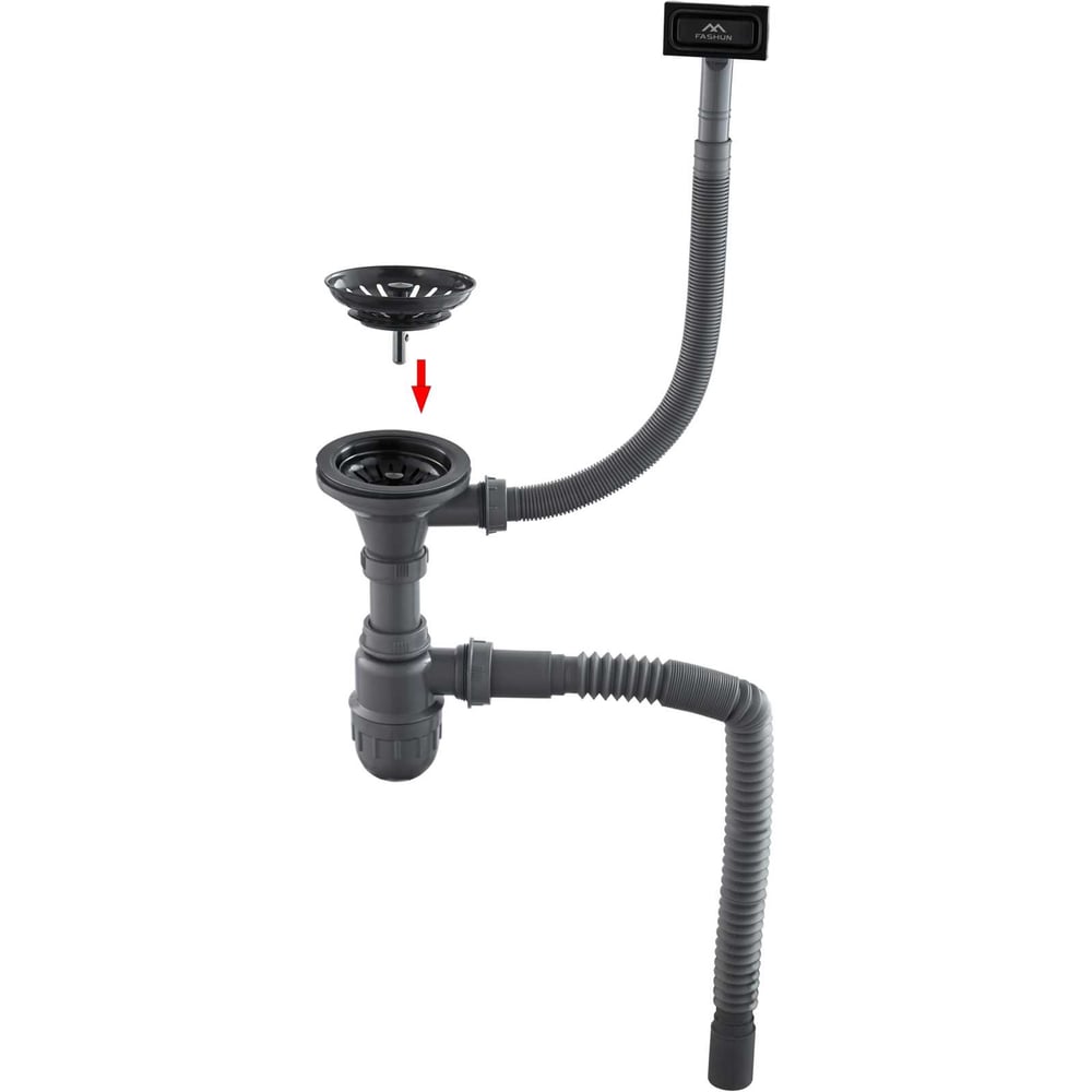 Изображение товара Сифон для кухонной мойки FASHUN AS101-17 с переливом серый PVD графит ABS и нерж сталь