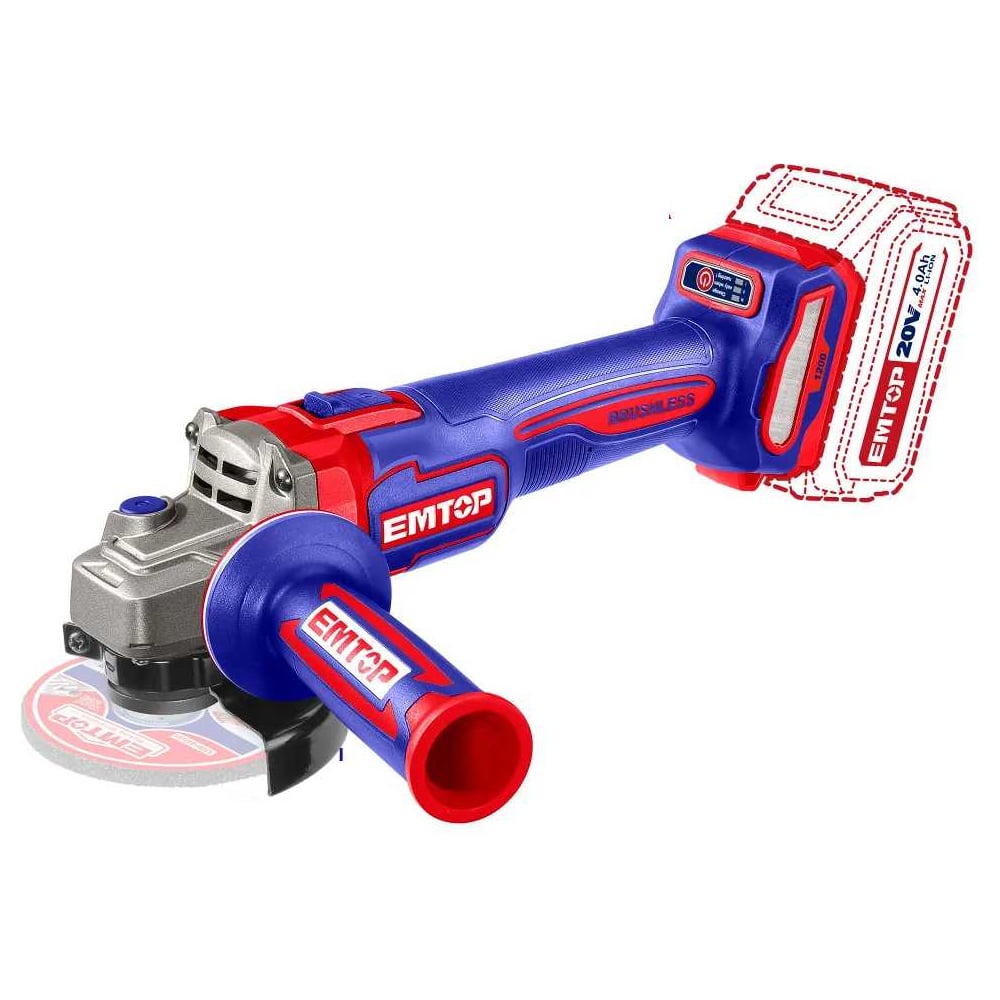 Изображение товара Угловая аккумуляторная шлифовальная машина emtop ELAG2211532 115 мм профессиональный инструмент
