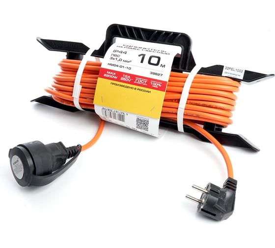 Изображение товара 1-местный удлинитель-шнур на рамке STEKKER с заземлением HM04-01-10, 3х1.0мм2, 10м, 10А, Home, оранжевый 39627