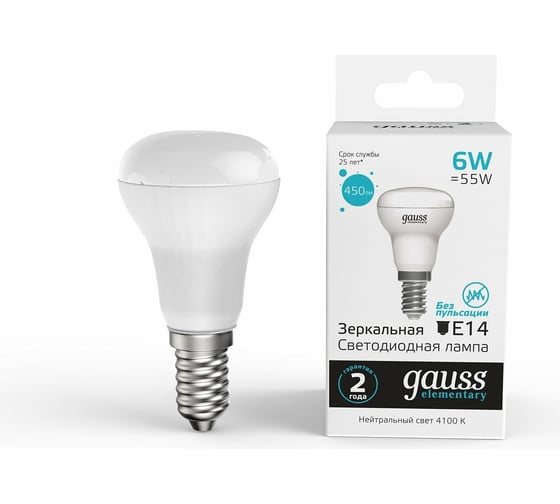 Изображение товара Лампа Gauss Elementary R50 6W 450lm 4100K Е14 LED 1/10/50 63126