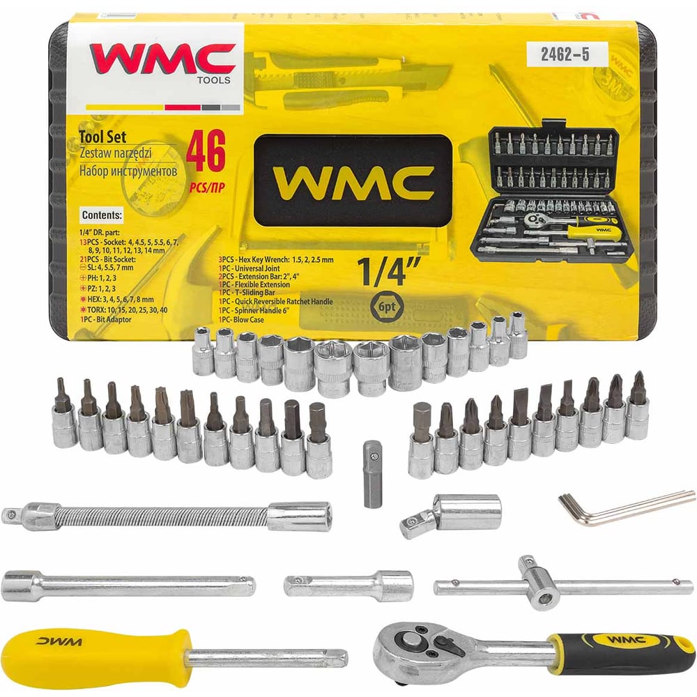 Изображение товара Набор инструментов WMC TOOLS 46 предметов 1/4 (4-14мм) WMC-2462-5New
