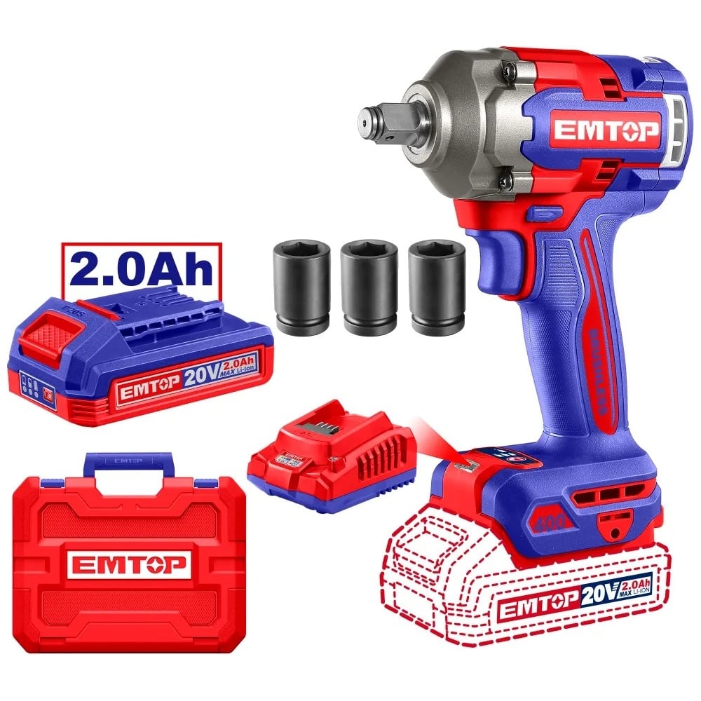 Изображение товара Аккумуляторный гайковерт EMTOP ECIWL2040 профессиональный ударный бесщеточный