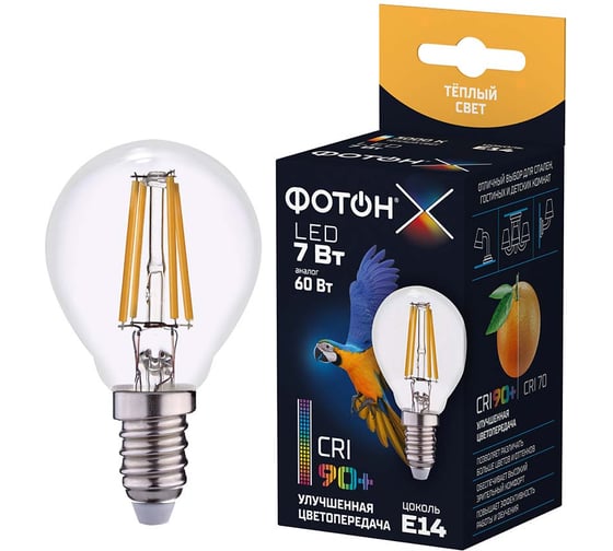Изображение товара Светодиодная лампа ФОТОН филаментная LED FL P45-C 7Вт E14 3000K, теплый свет, 24000