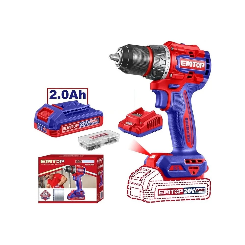 Изображение товара Бесщеточная аккумуляторная дрель EMTOP ECDL205582 с реверсом