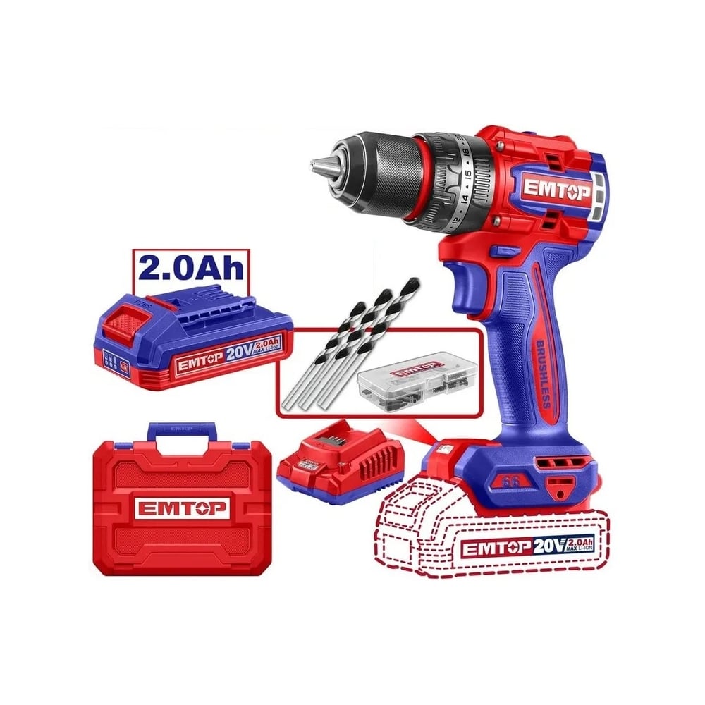 Изображение товара Аккумуляторная ударная дрель EMTOP ECIDL20668 профессиональный инструмент