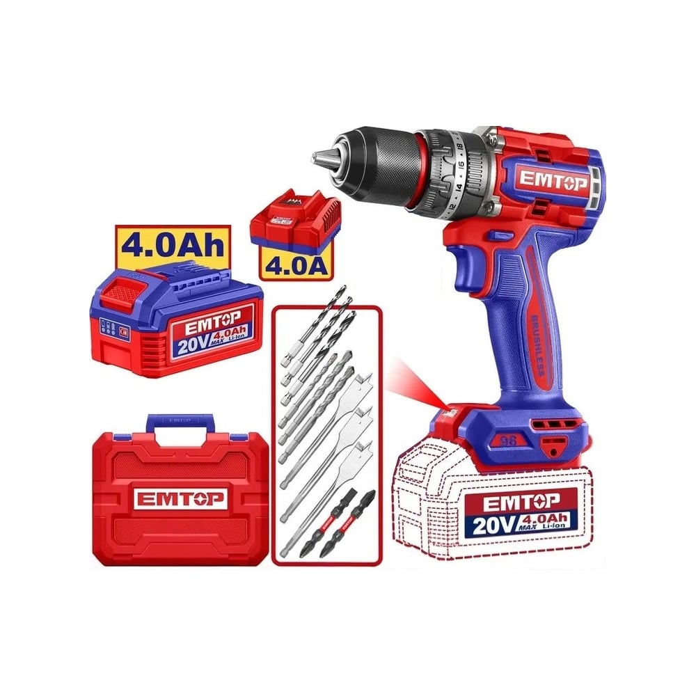 Изображение товара Аккумуляторная ударная дрель EMTOP ECIDL20968 20В бесщеточная профессиональная
