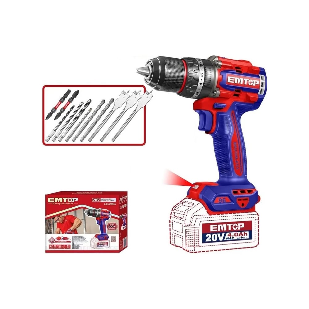 Изображение товара Аккумуляторная ударная дрель EMTOP ECIDL209681 бесщеточная профессиональная