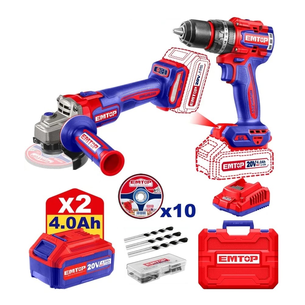 Изображение товара Набор аккумуляторных электроинструментов EMTOP ECKL20273, 2 шт, профессиональный