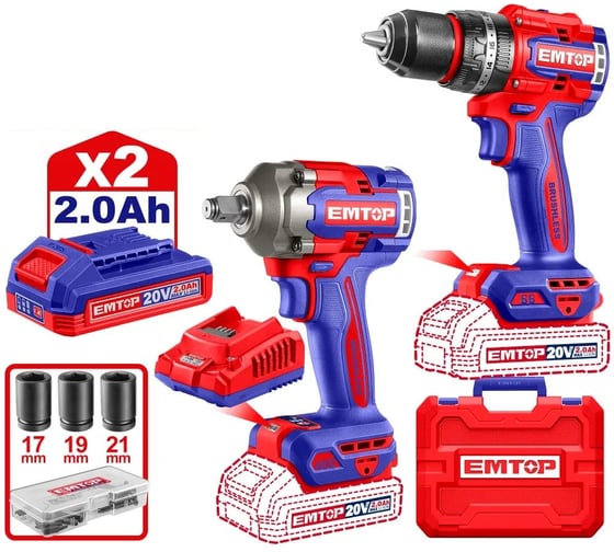 Изображение товара Набор аккумуляторных электроинструментов из 2 предметов EMTOP ECKL20275