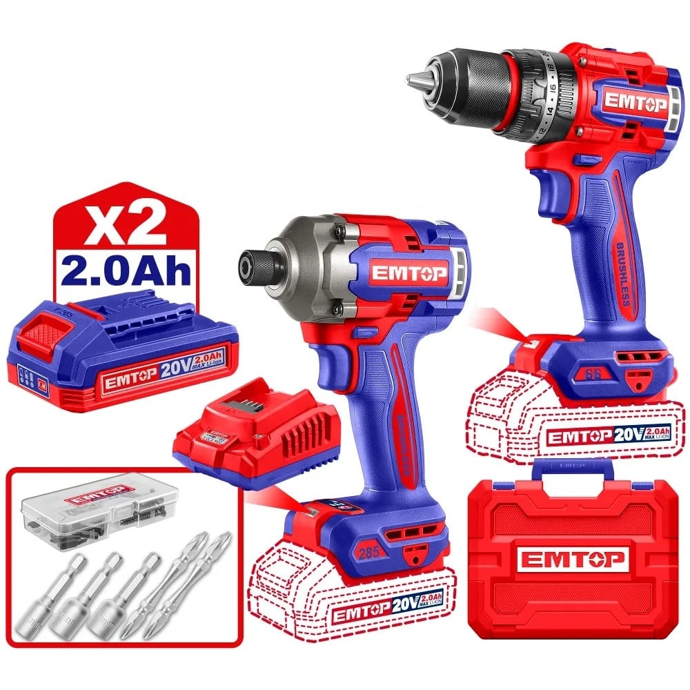 Изображение товара Набор аккумуляторных электроинструментов EMTOP ECKL20277 с кейсом 2 инструмента