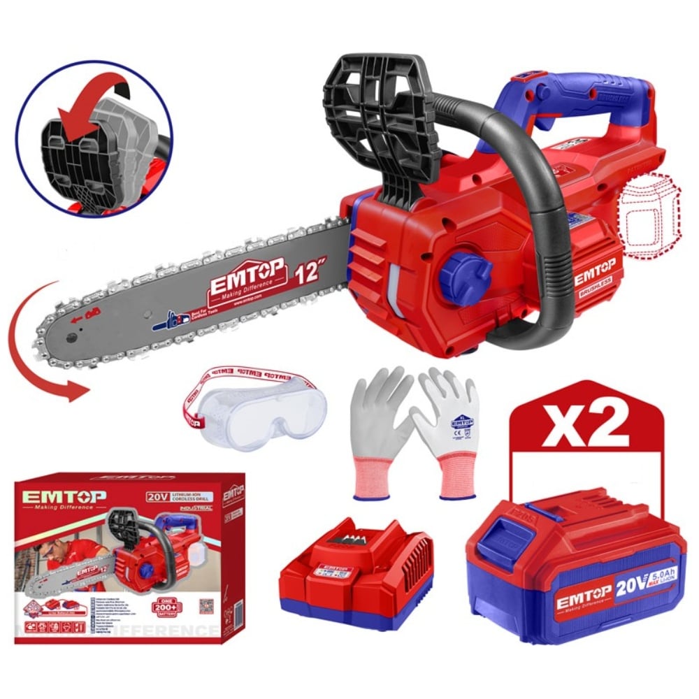 Изображение товара Аккумуляторная цепная пила EMTOP с бесщеточным двигателем и 30 см шиной