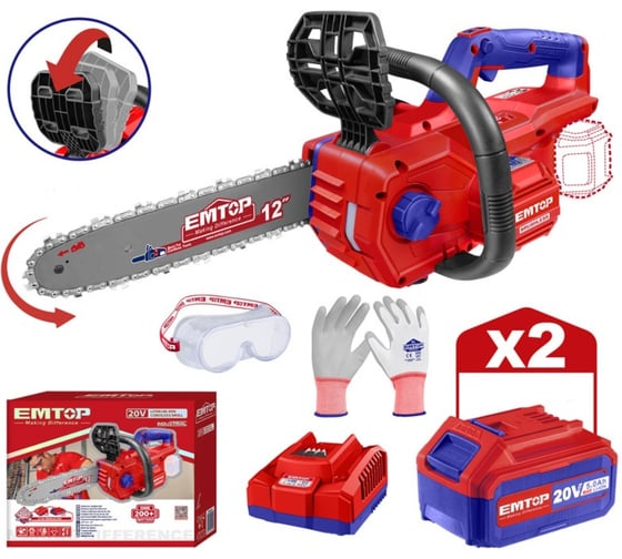 Изображение товара Аккумуляторная цепная пила EMTOP бесщеточный двигатель, скорость вращения цепи 7,9 м/с, длина стержня 12 дюймов (30 см) ELGA20128