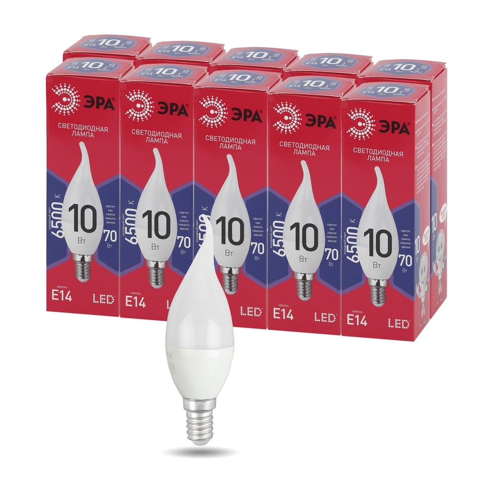 Изображение товара Набор светодиодных лампочек ЭРА RED LINE LED BXS10W865E14 R 10 шт E14 свеча на ветру