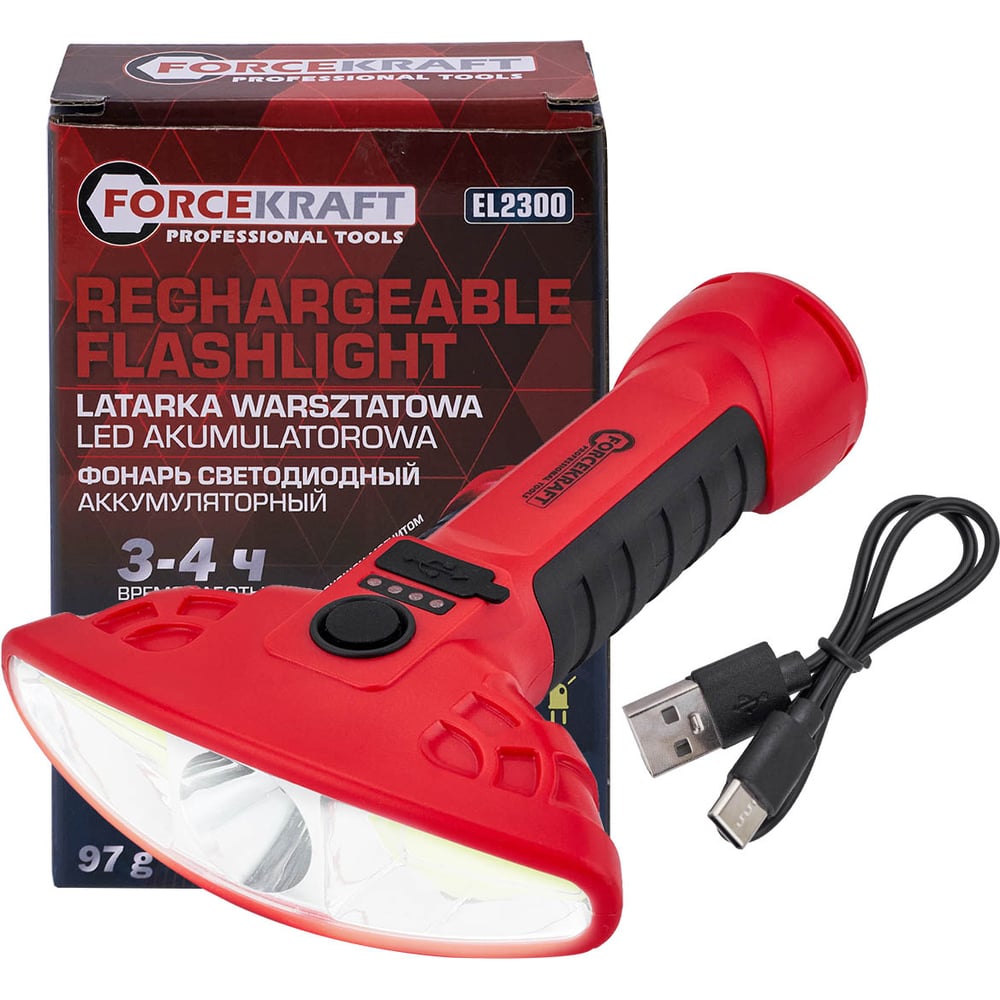 Изображение товара Светодиодный аккумуляторный фонарь Forcekraft FK-EL2300 3 режима 3W черный/красный