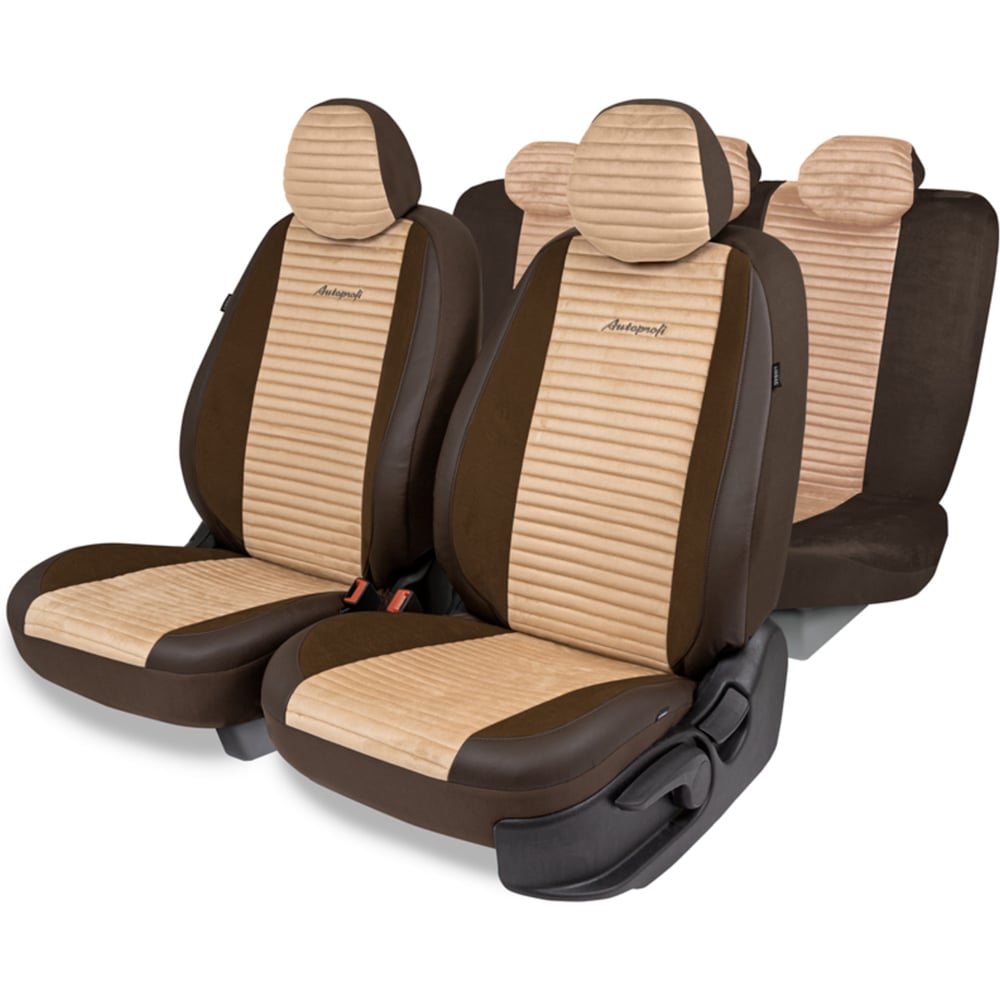 Изображение товара Авточехлы AUTOPROFI серия Premium, Modena. Алькантара, паттерн-велюр, премиальная экокожа, 7 мм. поролон, 4 молнии на заднем сидении, 11 предметов., корич./бежевый, MOD-1107 BR/BE