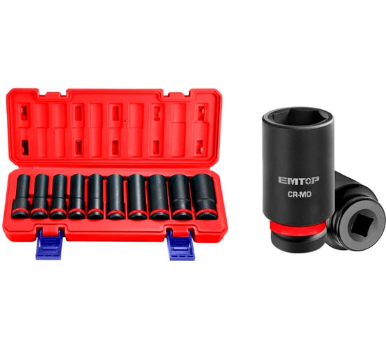 Изображение товара Набор удлиненных ударных торцевых головок EMTOP 10 шт.: 10-24 мм, 1/2"DR EMSS12102L