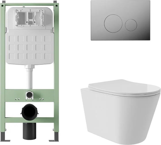 Изображение товара Комплект Alentori Инсталляция  SITEMA, Панель смыва с круглыми кнопками, хром + Унитаз подвесной Long 520x365 безободковый, Vortex, сиденье Soft-Close, белый глянцевый, форма конус ALS.SIS1101.CRCV0210