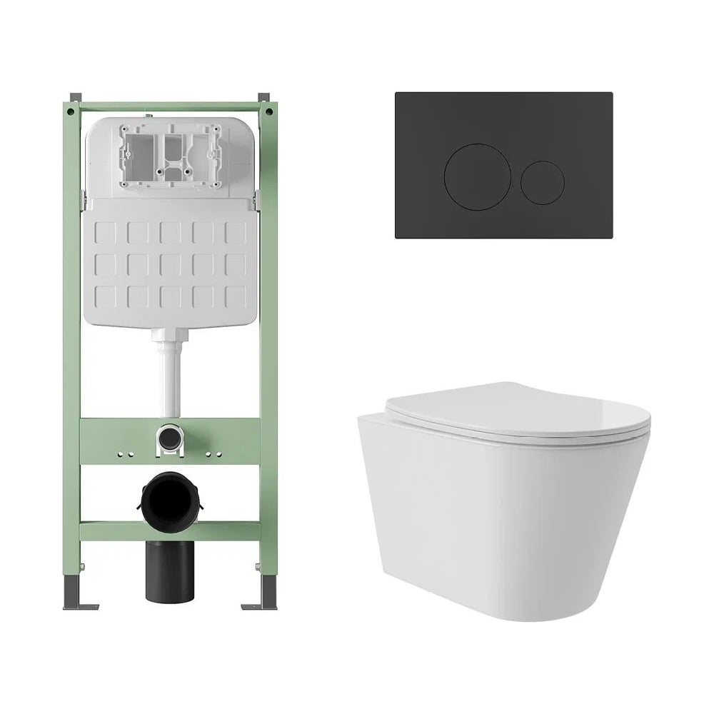 Изображение товара Комплект Alentori Инсталляция  SITEMA, Панель смыва с круглыми кнопками, черный матовый + Унитаз подвесной Long 520x365 безободковый, Vortex, сиденье Soft-Close, белый глянцевый, форма конус ALS.SIS1101.MBCV0210