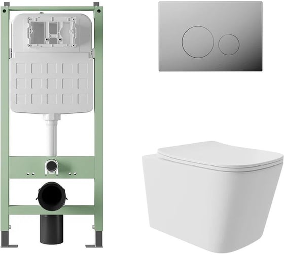 Изображение товара Комплект Alentori Инсталляция  SITEMA, Панель смыва с круглыми кнопками, хром + Унитаз подвесной Long 525x345 безободковый, Vortex, сиденье Soft-Close, белый матовый, форма квадрат ALS.SIS1101.CRQV0220