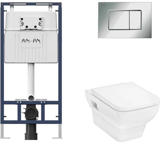 Изображение товара Комплект AM.PM MasterFit инсталляция для подвесного унитаза с клавишей ProC S, хром глянц + CreekTide Q Унитаз подвесной 540x360, сиденье с микролифтом, безободковый, белый I012710.0251HGSET001
