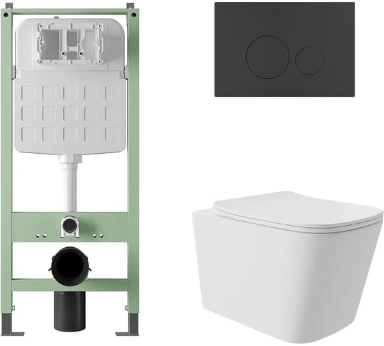 Изображение товара Комплект Alentori Инсталляция  SITEMA, Панель смыва с круглыми кнопками, черный матовый + Унитаз подвесной Long 525x345 безободковый, Vortex, сиденье Soft-Close, белый матовый, форма квадрат ALS.SIS1101.MBQV0220