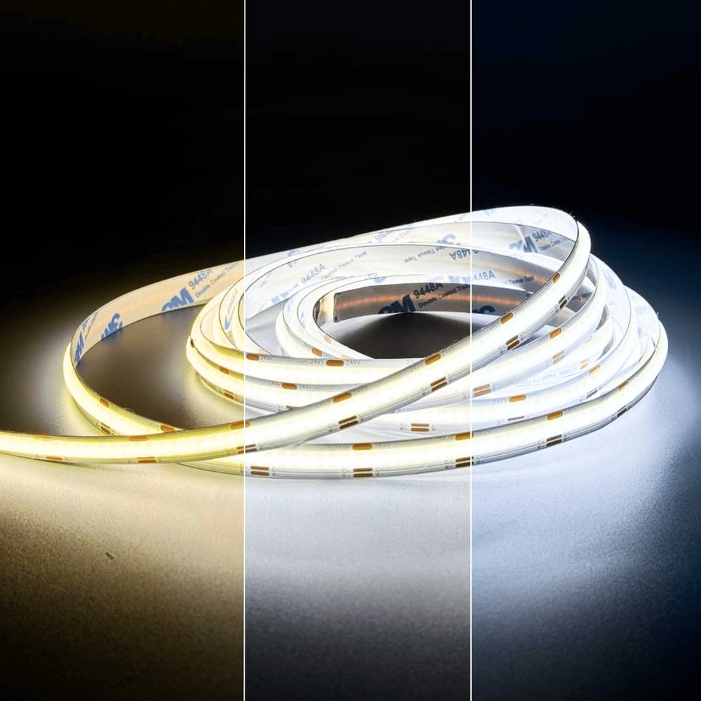Изображение товара Светодиодная лента Geniled COB 5м 24В 14Вт/м 2700-6500К теплая дневная и холодная CCT MIX равномерная подсветка 608 led/m IP33 10мм 03629