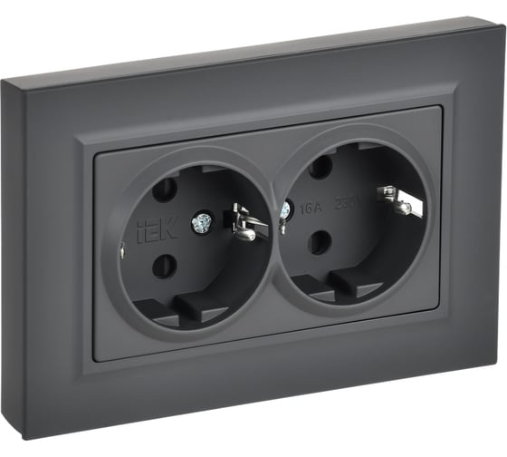 Изображение товара Розетка IEK BRITE 2-я с заземлением, с защитными шторками, плоская, 16А в сборе РСшПл12-3-БрГ графит BR-R28-16-K53-F