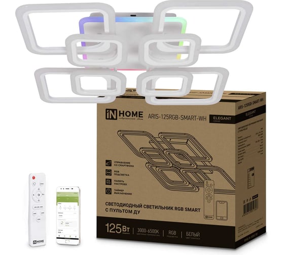 Изображение товара Светильник светодиодный IN HOME ELEGANT ARIS-125RGB-SMART-WH 125Вт 230В 3000-6500K 8800Лм 585x585x115мм ПУ бел 4690612051307